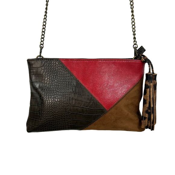 Chico's Multicolor Faux Croco Leather Patchwork Leopard Tassel Chain Crossbody - Picture 1 of 8